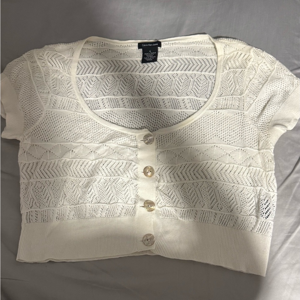 Calvin Klein Cream Ribbed Button Down Crop Top